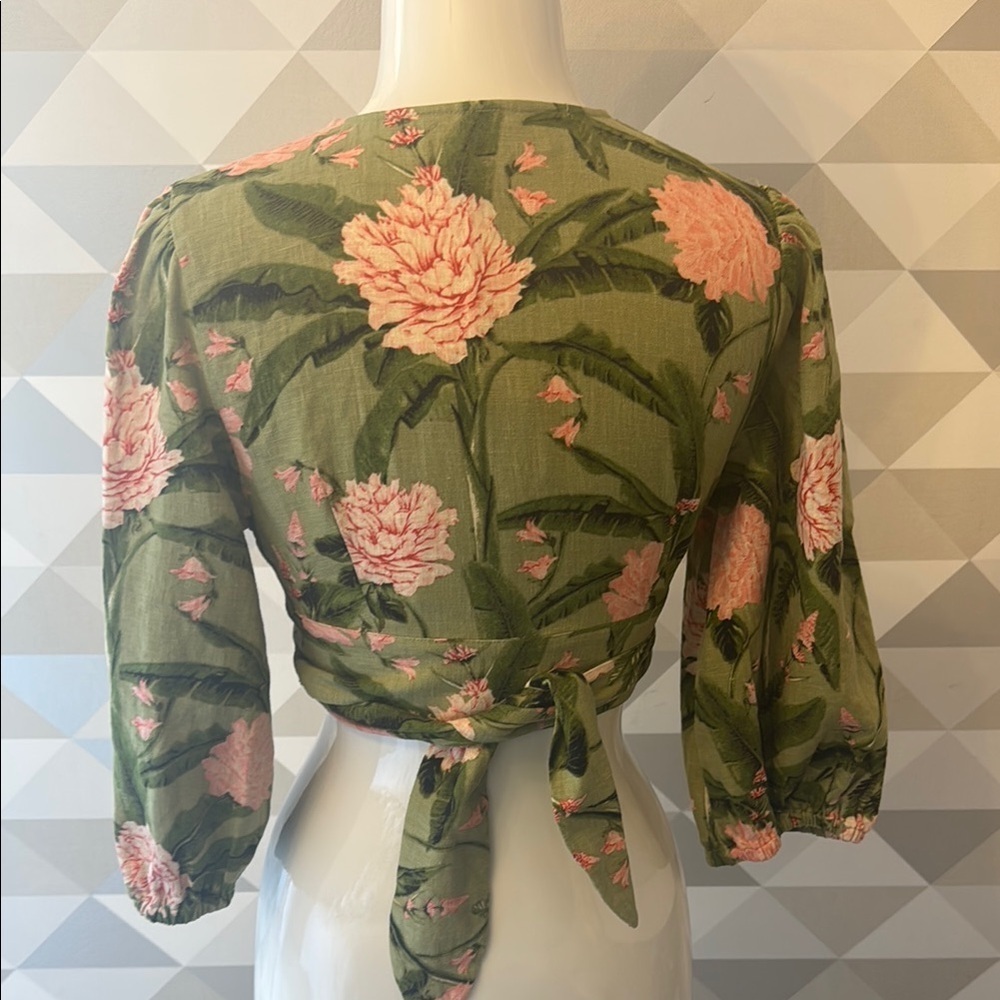 Agua Bendita Pink and Green Puff Sleeve Wrap Blouse - Picture 2 of 4